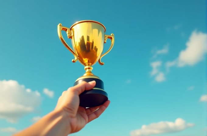 A hand holds up a golden trophy against a bright blue sky with a few clouds.