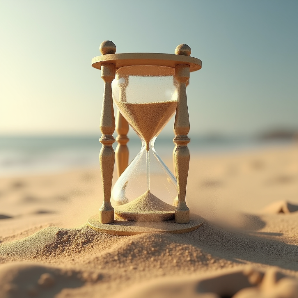 An hourglass filled with sand sits on a sunlit beach.