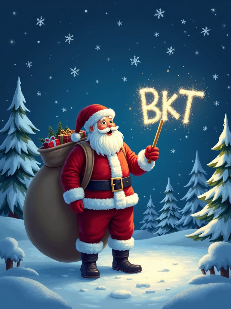 Santa Claus stands in the snow with a big bag. He holds a sparkling wand. The wand writes BKT in the sky. Scene has winter trees and a starry night.