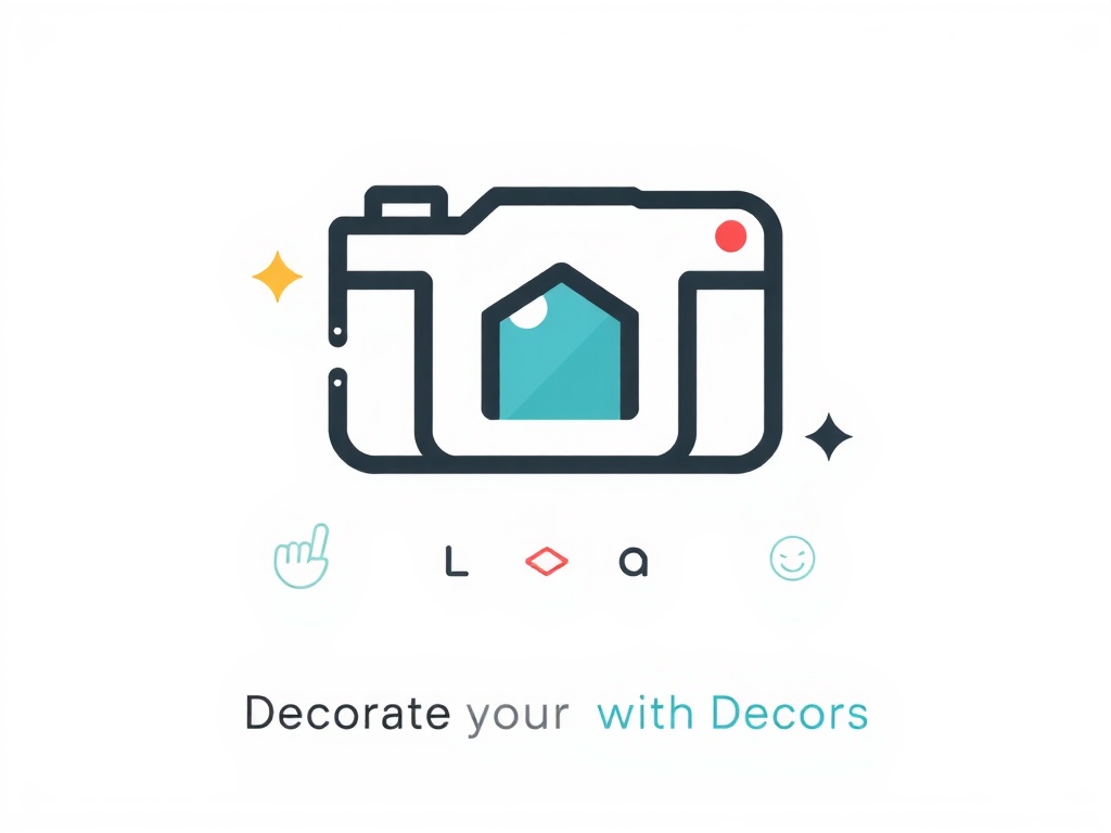 This image features a stylized illustration of a camera with a house icon inside, evoking the concept of home decoration and photography. The design is minimalistic, with soft pastel colors, and includes small graphic elements such as a diamond and a smiling face. The text 'Decorate your ... with Decors' is partially visible, suggesting an invitation to personalize or enhance one's space.