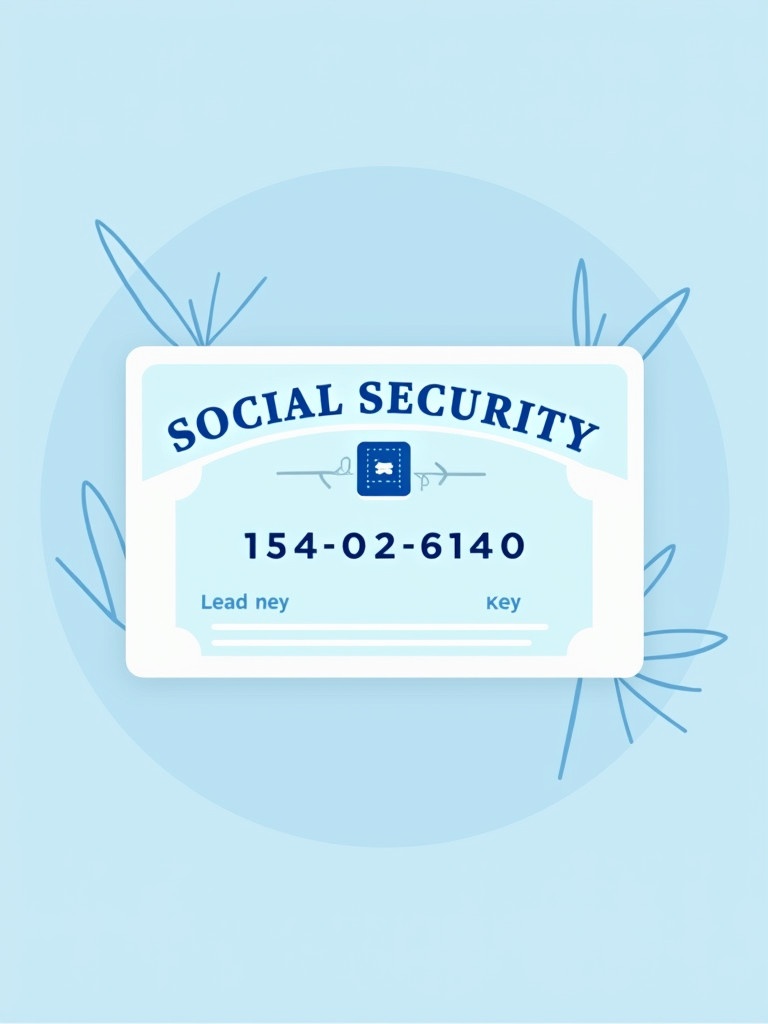 Generic depiction of a social security card. Features the text 'SOCIAL SECURITY'. Key numbers displayed are '154-02-6140'. Includes graphic chip for modern identification. Decorative elements indicate official nature. Background is soft blue, enhancing visual appeal. Design is professional and clean.