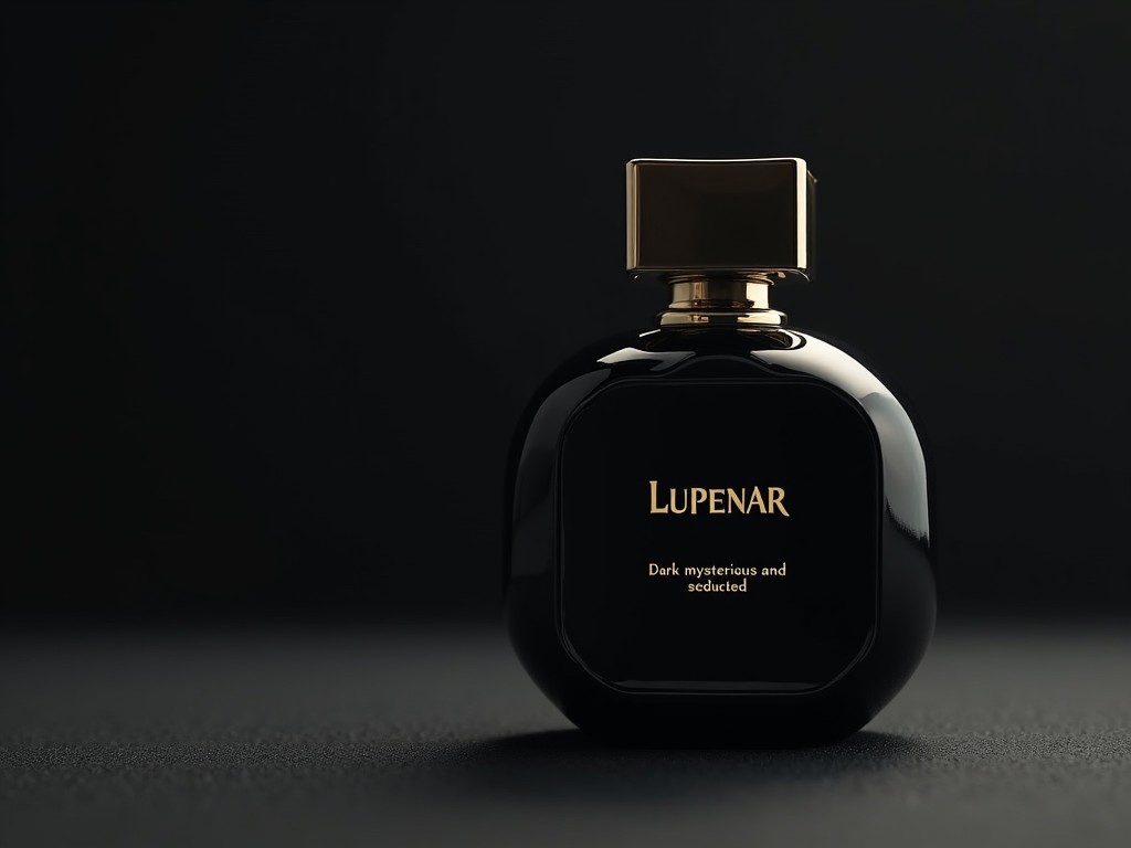 The image features an elegant perfume bottle labeled 'Lupenar'. The bottle is a solid black with a glossy finish and a shiny gold cap. The label reads 'Dark, mysterious and sedated' in simple yet stylish font. Soft lighting creates a contrast between the dark bottle and the background, enhancing its luxurious appeal. This perfume is presented as a sophisticated and alluring fragrance, perfect for those who appreciate elegance.