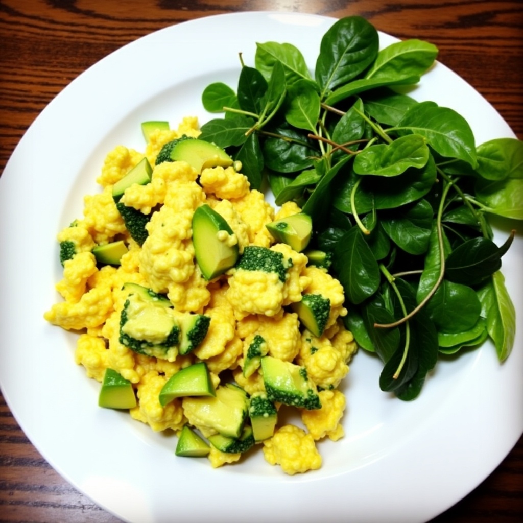 The image features a delicious serving of avocado scrambled eggs paired with a fresh salad. The scrambled eggs are vibrant yellow and include pieces of zucchini and broccoli, creating a hearty look. Next to the eggs, a side salad of fresh leafy greens adds a pop of color and texture. The overall presentation is bright, inviting, and healthy, ideal for a nutritious breakfast or brunch. The plate is white, which enhances the colors of the food, making it visually appealing.