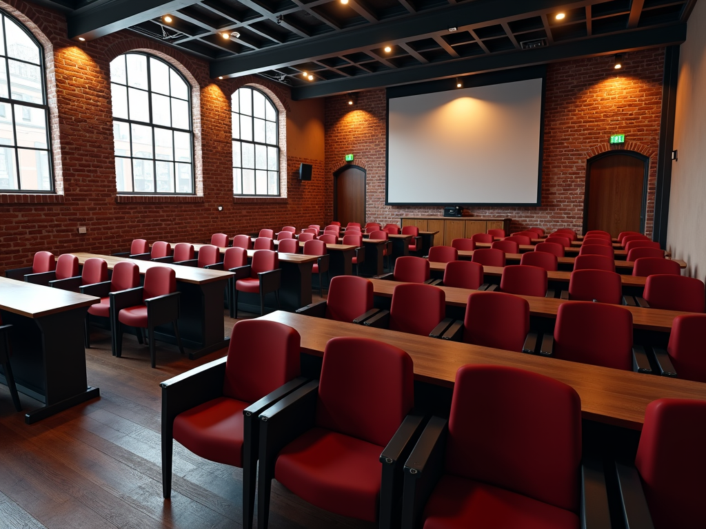 A modern lecture hall with brick walls, red cushioned seats, wooden desks, and large arched windows.