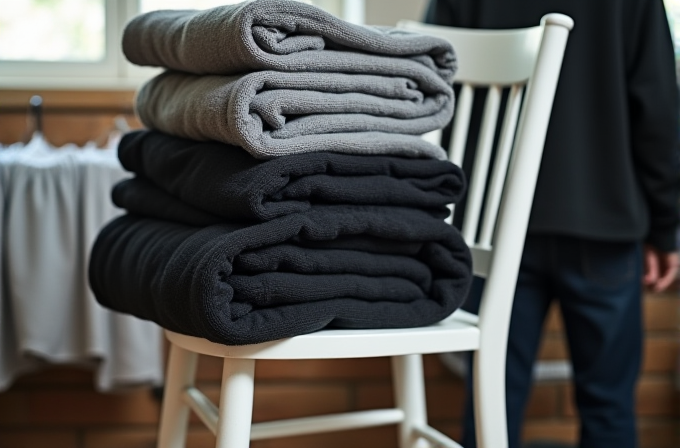 A stack of neatly folded black and gray blankets sits on a white wooden chair indoors.