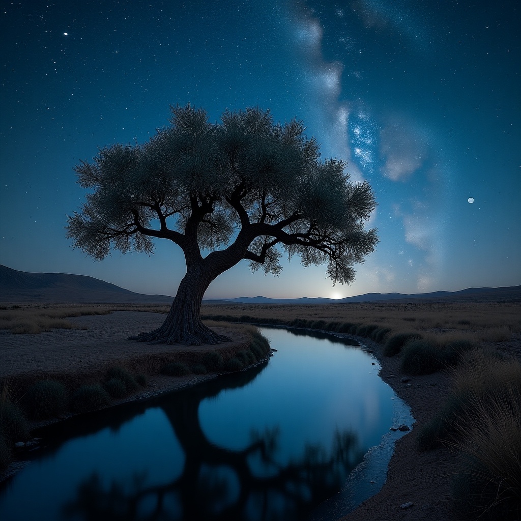 A silhouette of a tree standing beside a calm river. Night sky filled with stars and the Milky Way visible. Moonlight reflects in the water. A tranquil scene in nature.