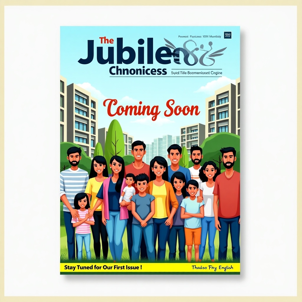 Vibrant magazine cover page titled 'The Jubilee Chronicles' in bold. Centered 'Coming Soon' announcement with clean typography. Illustration of diverse happy apartment residents showing unity. Background with greenery and modern buildings. Bright colors evoke a welcoming atmosphere. Smaller text at the bottom says 'Stay Tuned for Our First Issue!' Bilingual nature reflected.