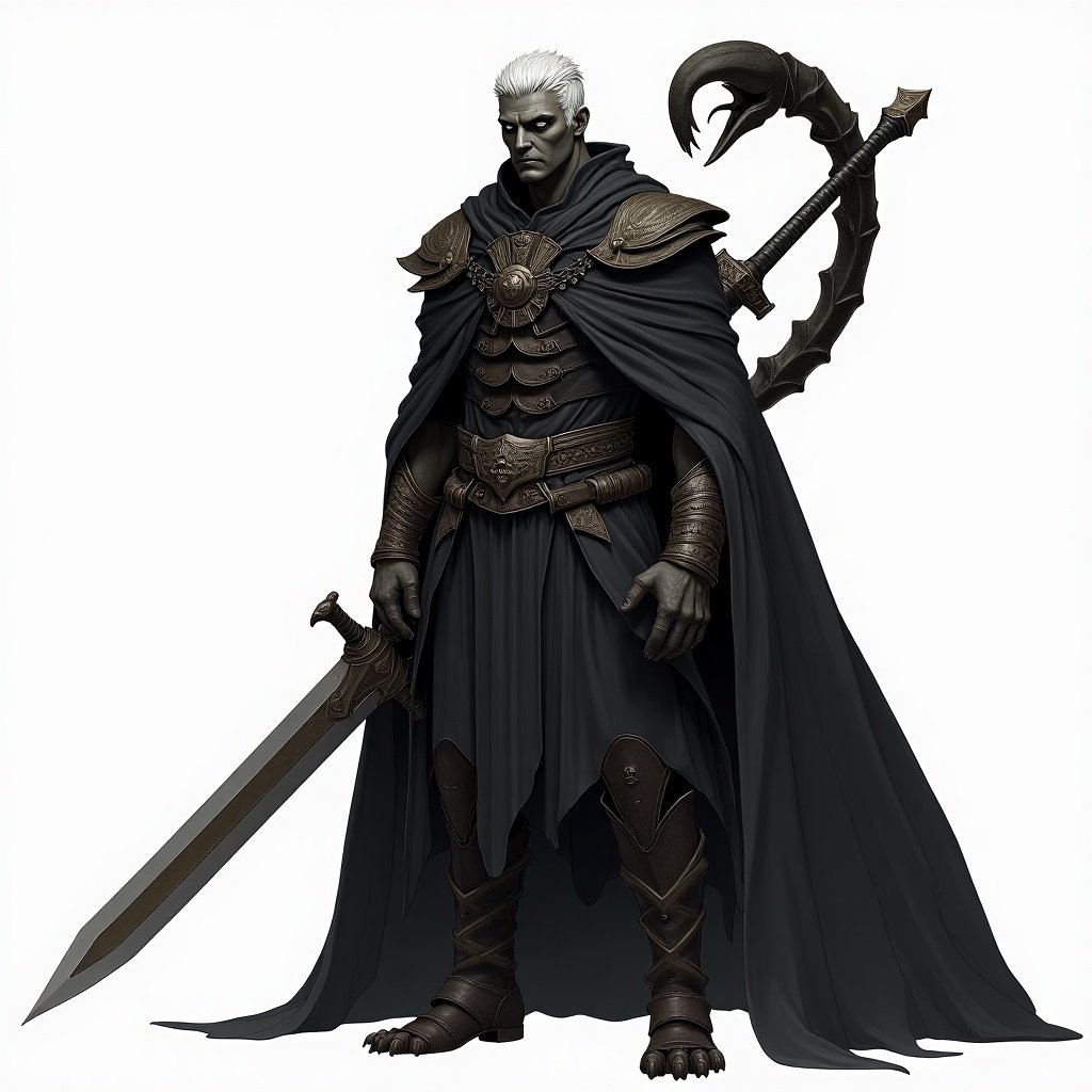 Anthropomorphic scorpion male character wearing a large black cloak. A greatsword positioned on his back. The character has black scorpion skin, short white hair, and a scorpion tail. Emphasize scorpion features over human aspects.