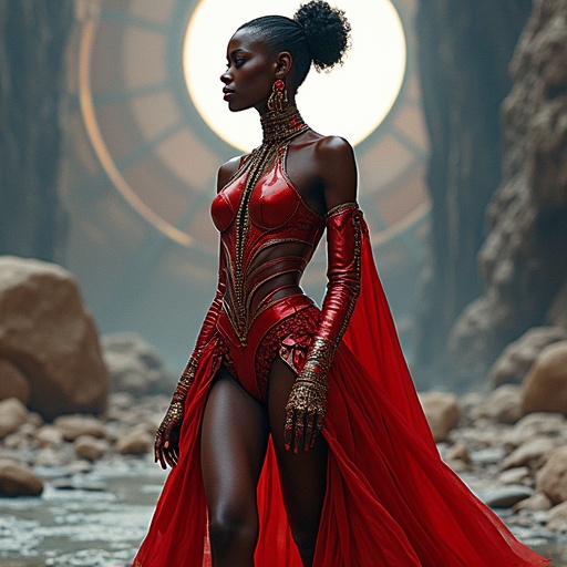 Futuristic avant garde couture. Stylish and luxury. High impact imagery. Features an African American model in bold attire. Sculptural and edgy fashion statements. Visually striking overview of a couture dress. Evokes a sense of luxury and modernity.