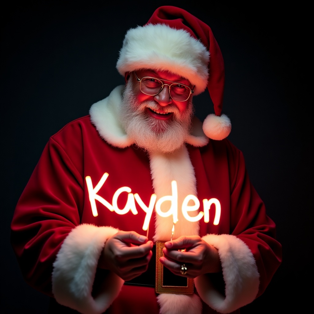 Santa Claus in traditional red suit holds glow stick forming name 'Kayden'. Jolly expression evokes holiday warmth. Dark background enhances glowing text. Captures magic of Christmas joy.