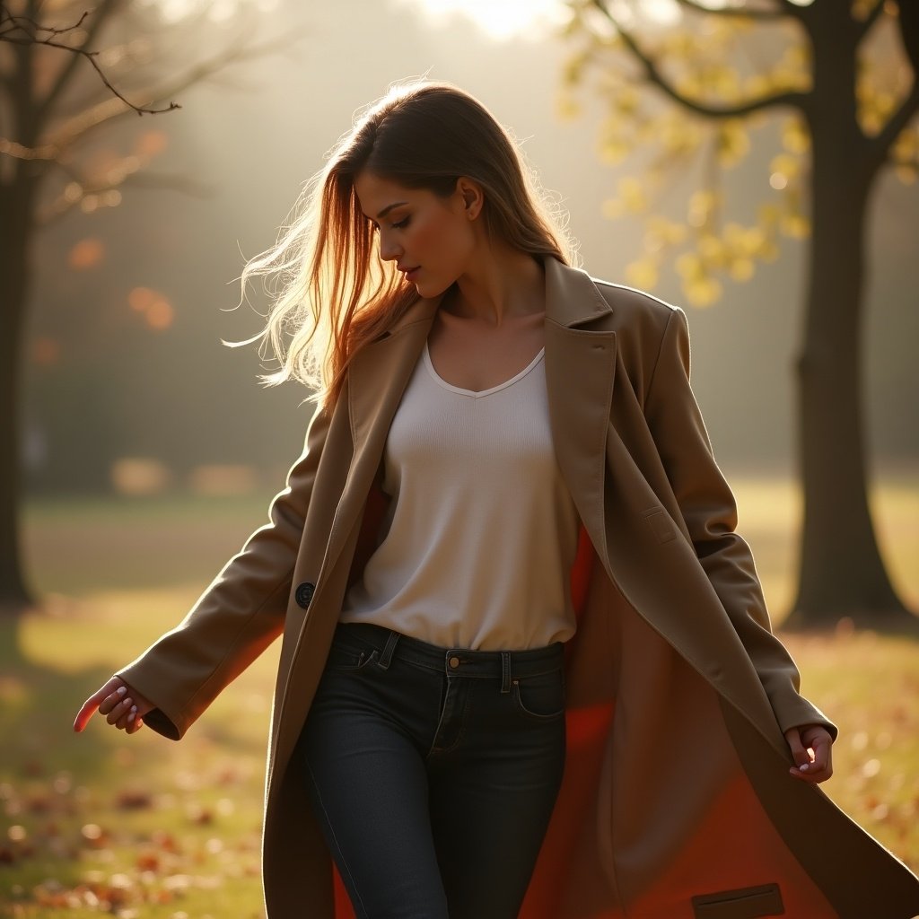 Image sequence of a woman in a park removing a coat and letting it fall off. The scene captures a serene outdoor moment with fall colors and natural elements.