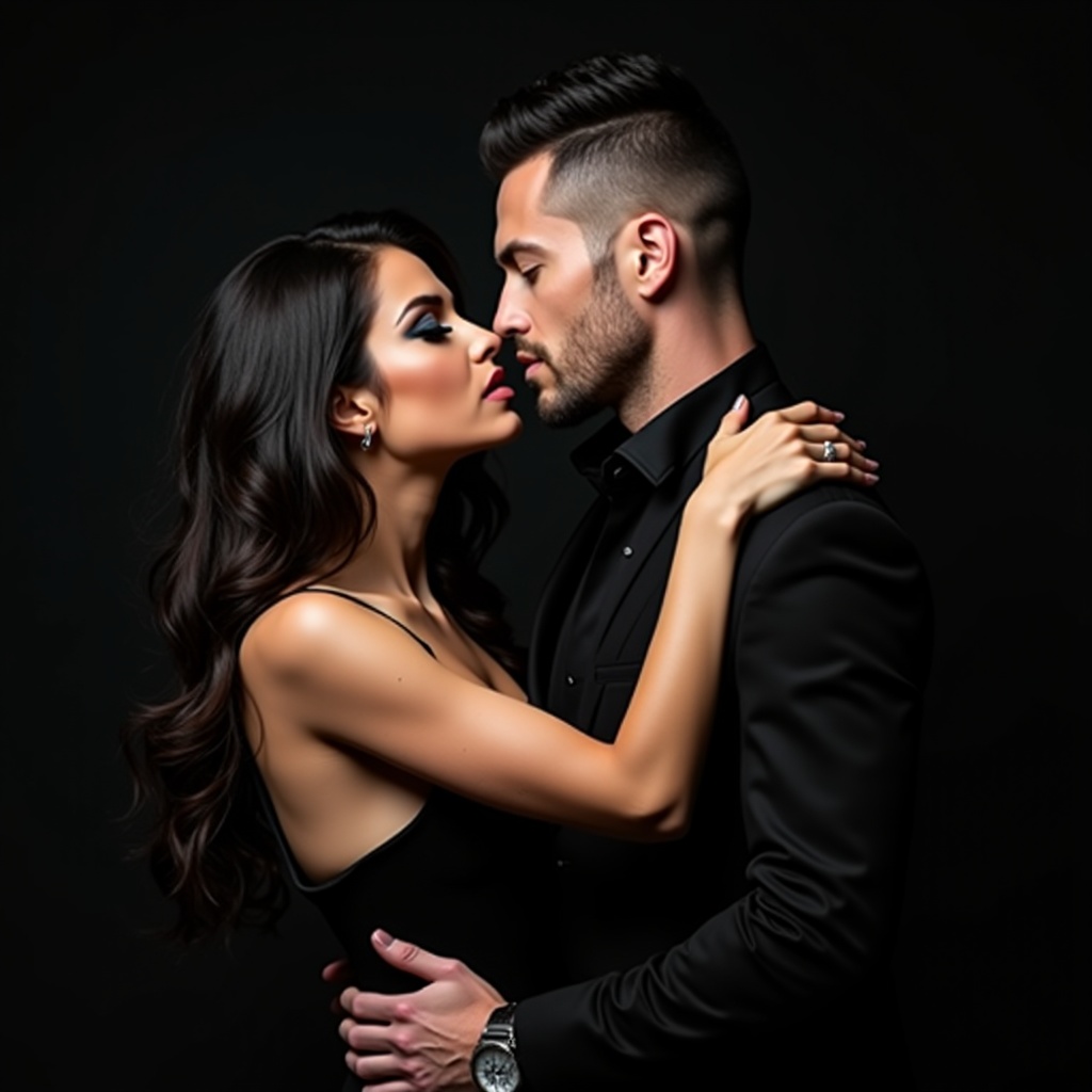 A couple embraces intimately in a close gesture. The woman has long dark hair. She wears dramatic makeup. The man has a rugged appearance. He has short hair. Both wear elegant black clothes. The pose conveys sophistication and allure.