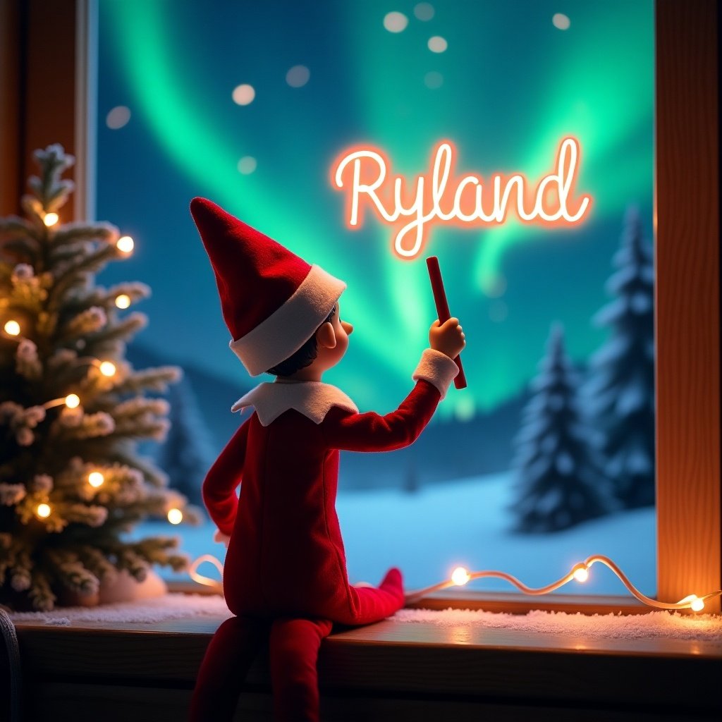 An enchanting Christmas scene unfolds as an elf on the shelf faces the sky, revealing his back to the viewer. Dressed in classic red and white attire, he wields a magical wand, tracing the name 'Ryland' in a softly glowing script above. The backdrop bursts with vibrant northern lights, casting a mesmerizing glow across the scene. Surrounded by a cheerful green Christmas tree adorned with lights, the atmosphere feels festive and magical. This whimsical portrayal captures the true essence of Christmas, eliciting wonder and excitement for the holiday season.