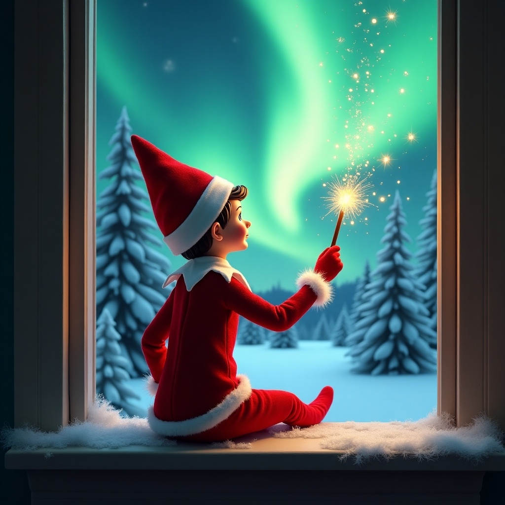 The image depicts an enchanting scene featuring an elf on the shelf, dressed in a vibrant red costume with white trim. Sitting on a window ledge, the elf faces away from the viewer, creating sparks with a magical wand. Outside, a breathtaking display of northern lights dances across the night sky, illuminating the snowy landscape. The background showcases pine trees blanketed in snow, enhancing the cozy winter atmosphere. This magical moment captures the festive spirit of the holiday season, inviting viewers into a world of wonder and joy.