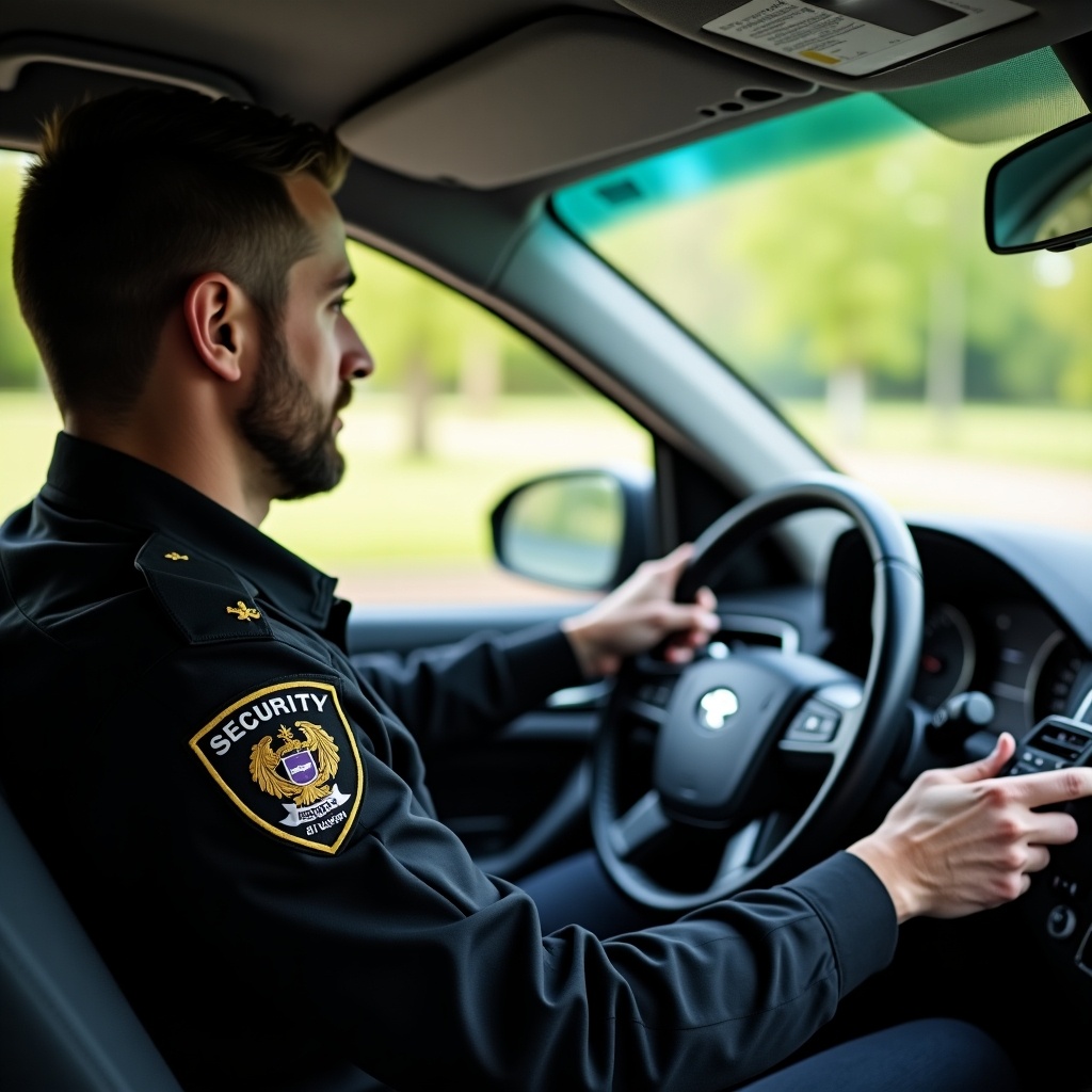 Security guard driving a car. Guard wearing a black uniform with a badge. One hand on the steering wheel, the other holding a communication device. Interior of the car is relaxed. Background shows green trees and open spaces.