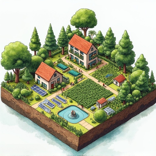 Isometric illustration shows a sustainable city with nature. Features vertical farms and solar panels. Displays a circular food system with livestock and greenhouses. Includes natural water filtration systems and diverse housing styles. Watercolor art style enhances this eco-focused scene.