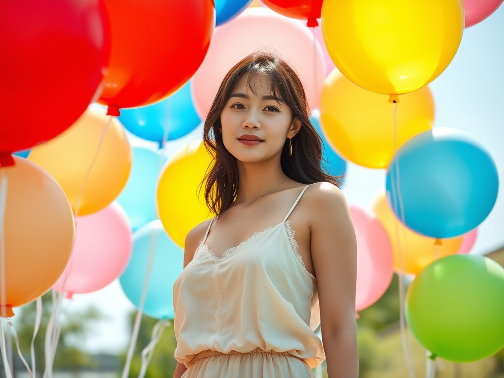 A person stands surrounded by colorful balloons outdoors.