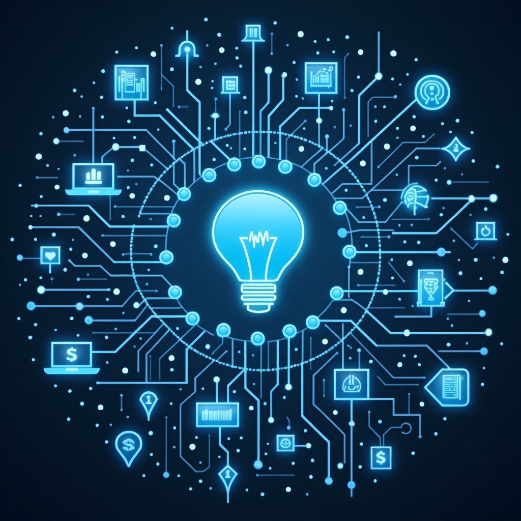 Light bulb symbolizes innovative ideas surrounded by various technology icons. Circuitry patterns extend outward from the bulb. Icons represent data analysis, finance, and business metrics. Blue tones create a modern digital feel. Dark background enhances contrast and focus on the light bulb.