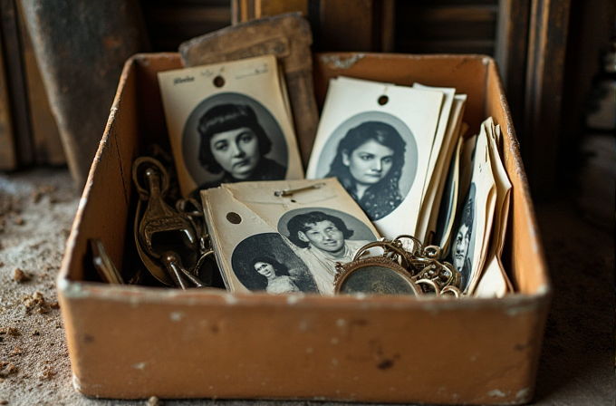 A dusty box holds old black-and-white portrait photographs and small, ornate objects.