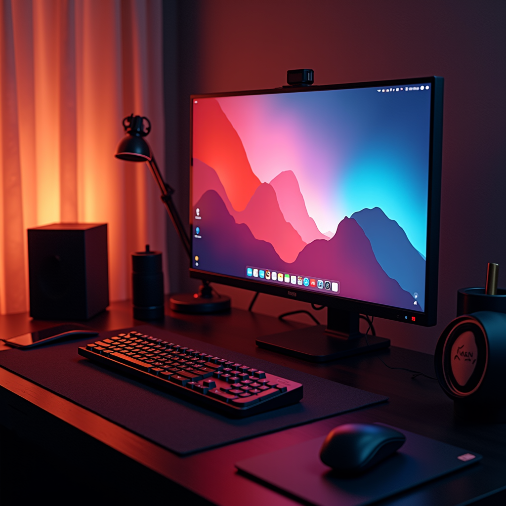 A sleek and modern computer setup bathed in warm ambient lighting, featuring a large desktop monitor with a minimalist mountain wallpaper, mechanical keyboard, and a glowing desk lamp.