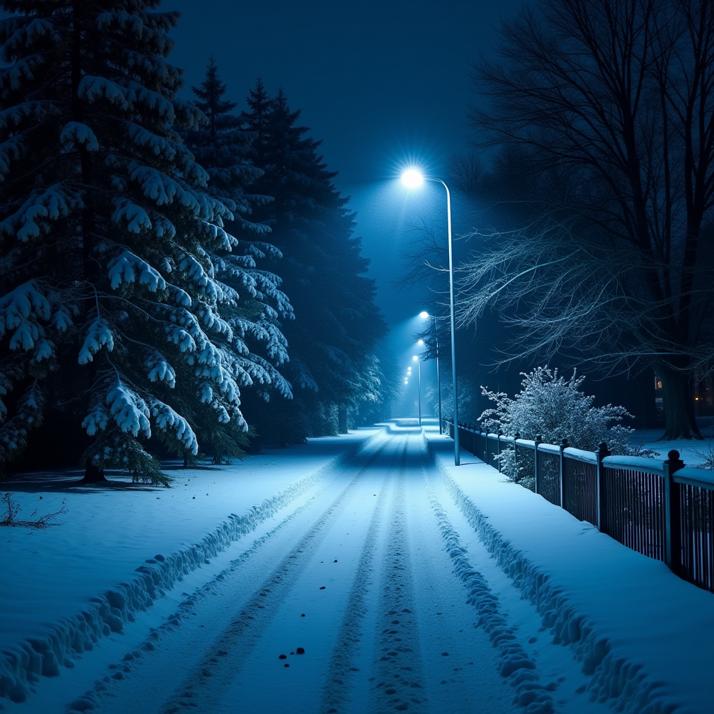 A tranquil snow-covered road illuminated by streetlights, lined with frosty trees and fences under a deep blue night sky.