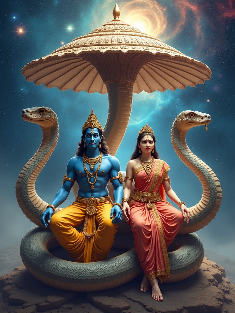 Realistic depiction of Lord Vishnu and Goddess Lakshmi seated on a snake. Vishnu on the left has blue skin and gold jewelry. He wears a yellow dhoti. Goddess Lakshmi on the right has a light pink complexion and a richly designed sari. They sit under a protective umbrella formed by a five-headed snake. The background showcases a vast cosmic universe with swirling galaxies and nebulae, creating ambiance.