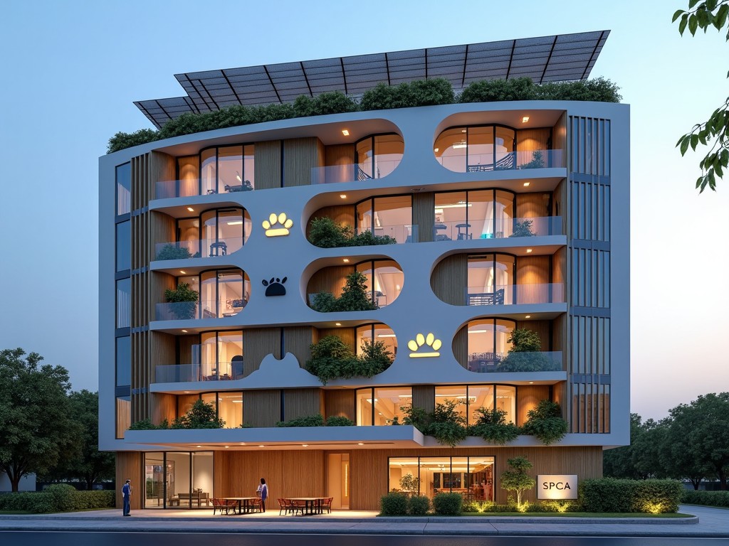 A modern building with pet-friendly designs featuring large paw prints on the facade, surrounded by greenery and a twilight sky.