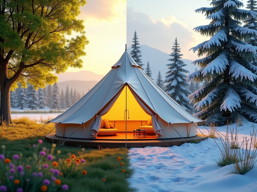 This image creatively juxtaposes the two contrasting seasons of summer and winter within a single frame. A central tent with warm lighting is the focal point, dividing the lush, green, and flower-filled landscape of summer from the crisp, snow-draped scene of winter. The vibrant colors and serene ambiance evoke a sense of peace and harmony between the different phases of nature.