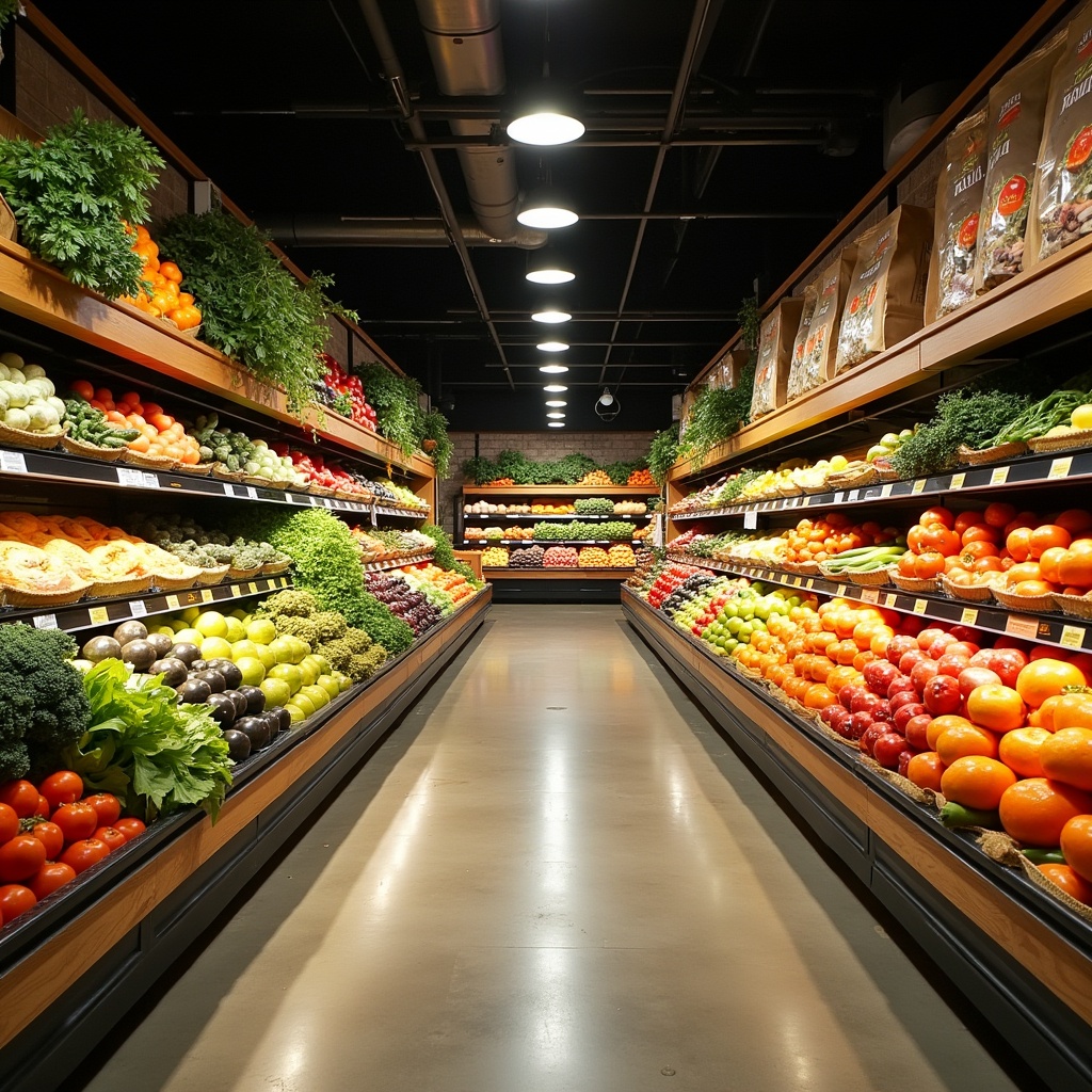 Display of fresh fruits and vegetables in a grocery store aisle. Shelves are full of colorful produce on either side of a clean aisle.