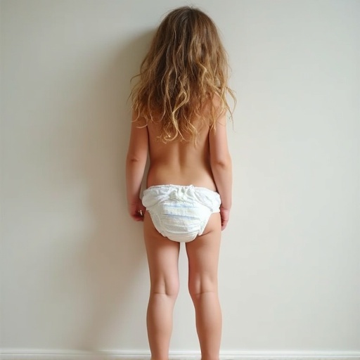 A young girl stands with her back facing the camera. She is wearing a diaper and has long, curly hair. The background is a simple light wall. Soft natural light fills the scene, highlighting her figure.