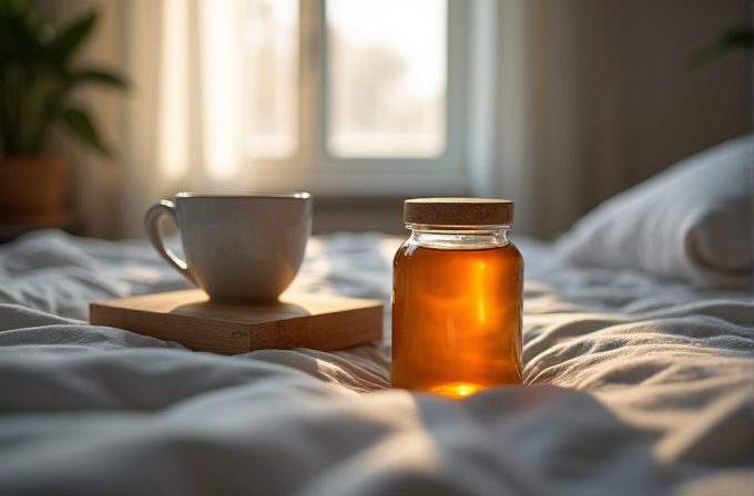 A jar of amber honey and a cup sit on a sunlit bed, creating a warm, tranquil morning atmosphere.