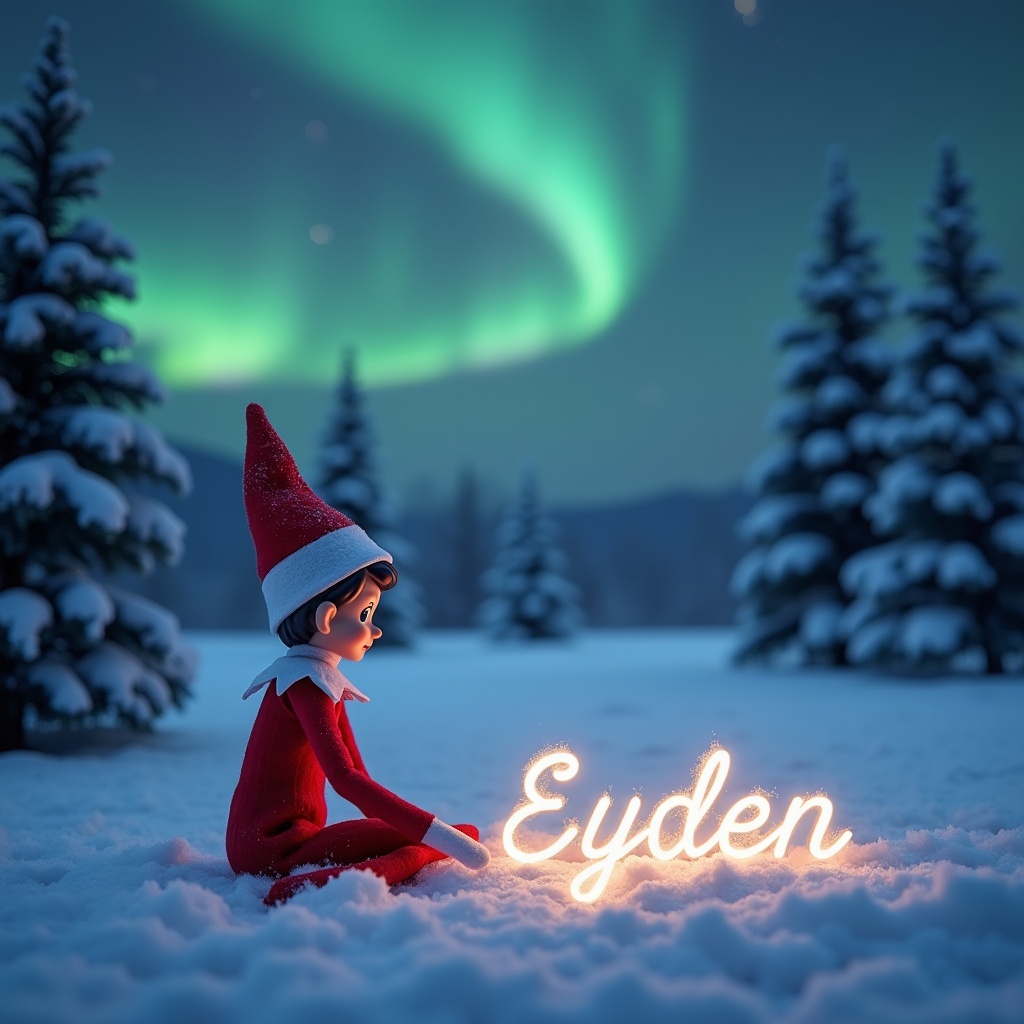 An animated elf sits in the snow wearing a red outfit. The elf writes the name 'Eyden' in the snow. The name appears magical and illuminated. The background has a night sky with northern lights. Snow-covered pine trees frame the scene, creating a festive atmosphere.