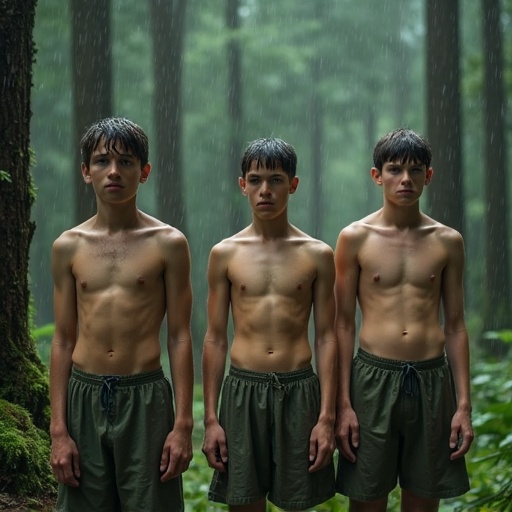 Three boy scouts aged 15 are standing in a forest during rain. They wear army-colored trunks. Their bodies show tension as they freeze in the weather. The setting conveys a sense of unease.