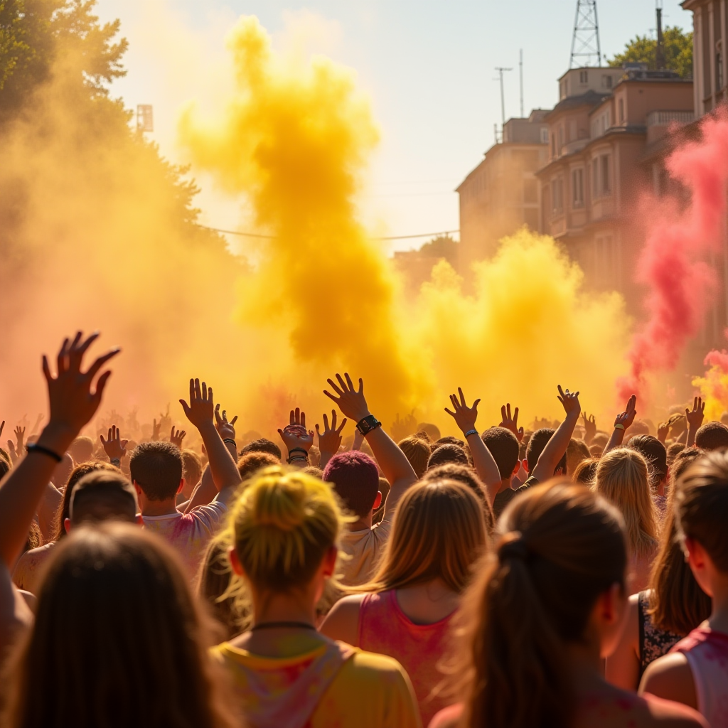 A vibrant festival scene with people joyfully throwing colorful powders into the air.