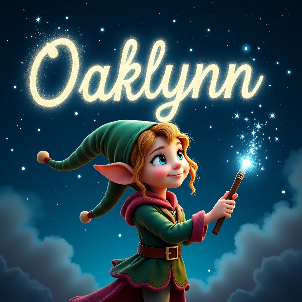 Elf holds magical wand. Writing name in sparkling letters. Name is Oaklynn. Background features starry night sky. Dark clouds enhance luminous text. Elf wears colorful clothing. Scene conveys whimsical atmosphere.