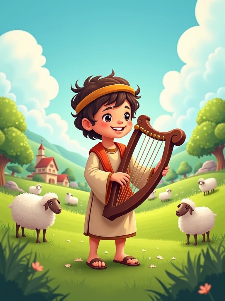 Cartoon illustration of a young boy in shepherd clothing playing a harp. The boy stands in lush greenery with sheep around. A distant village is present in the scene. The illustration captures innocence and a connection to nature. Vibrant colors enhance the charm.