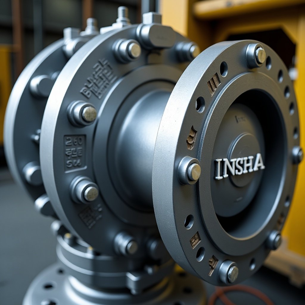 Close-up of a gate valve featuring the name INSHA. The valve showcases intricate details and a metallic finish. The focus is on the valve's sturdy construction and mechanical components.