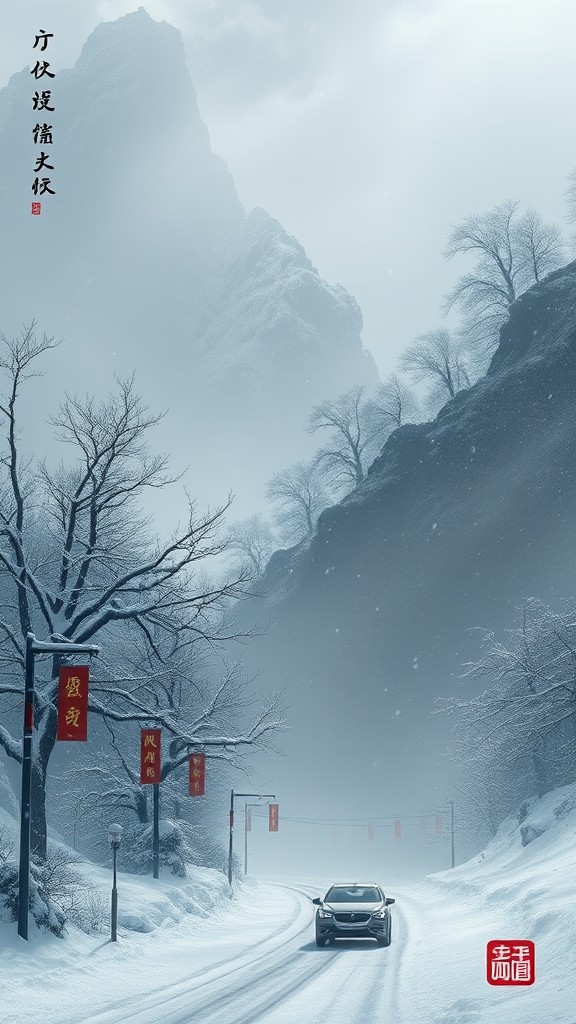 A car navigates a snowy mountain road lined with trees and red banners.