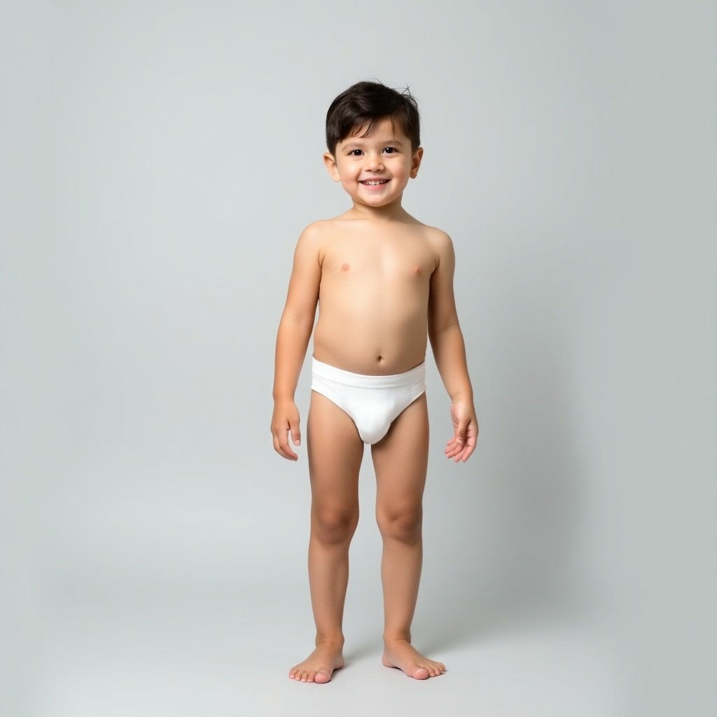 Image of a young boy standing upright against a light gray background. He wears white underwear and is barefoot. Soft lighting creates a calm atmosphere. The boy's pose is confident and relaxed, showing playfulness and innocence. The style is minimalistic, focusing on the subject.