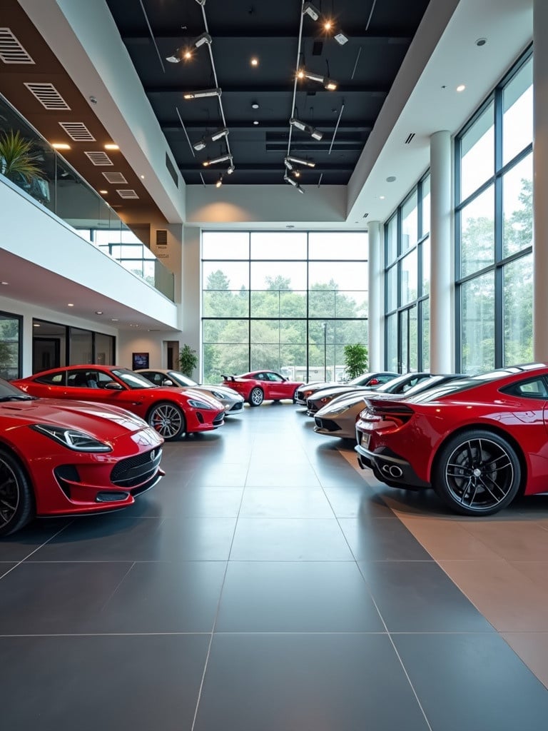 Showroom featuring luxury cars. Spacious design with tall windows. Several red cars on display. Elegant and modern ambiance. Enhancements from natural light. Sleek floor tiles.