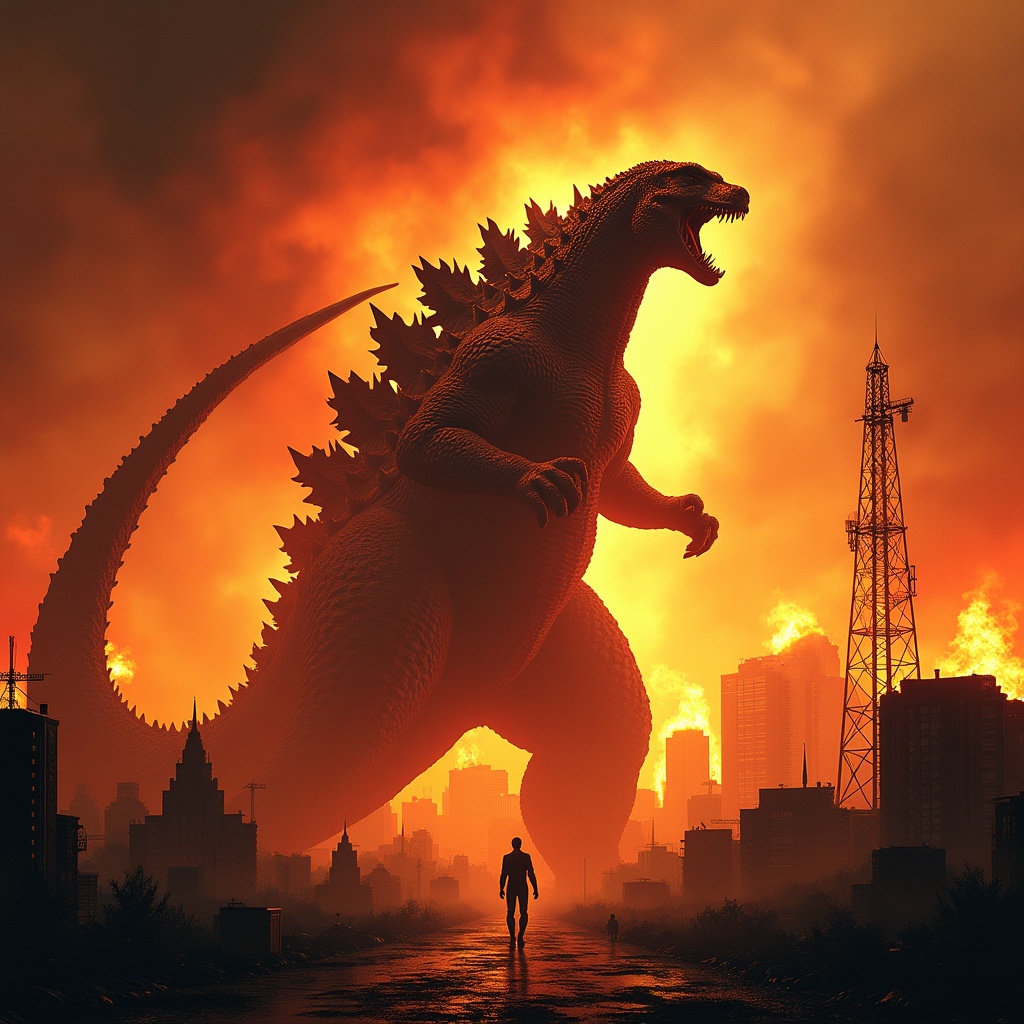 An epic sci-fi poster titled 'Godzilla III: The Cybe Terror' is showcased. The scene depicts a city engulfed in flames, symbolizing destruction and chaos. Godzilla stands towering amidst the fiery backdrop, roaring in fury. The atmosphere conveys a strong sensation of apocalypse and despair. The lighting and colors emphasize the intense mood, making it suitable for a thrilling movie franchise. This visual captures the essence of epic monster battles in a post-apocalyptic world.