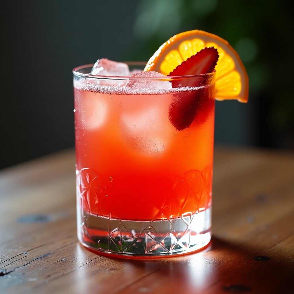 Glass filled with a cocktail made of gin and citrus fruits. Crushed ice visible in the drink. Garnished with a slice of strawberry and orange. The background is softly blurred.