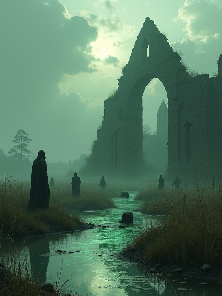 Landscape with ruins of an old monastery surrounded by marshy terrain. Silhouettes of hooded figures performing a ritual. Strange creatures float around them. Water around the monastery glows with light.