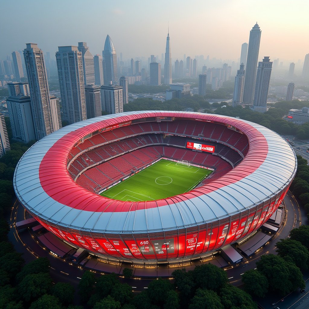 Futuristic soccer stadium with 200000 capacity. Red and white ornament signifies Indonesian Flag. 360 digital score screens inside the stadium. Surrounded by skyscrapers.