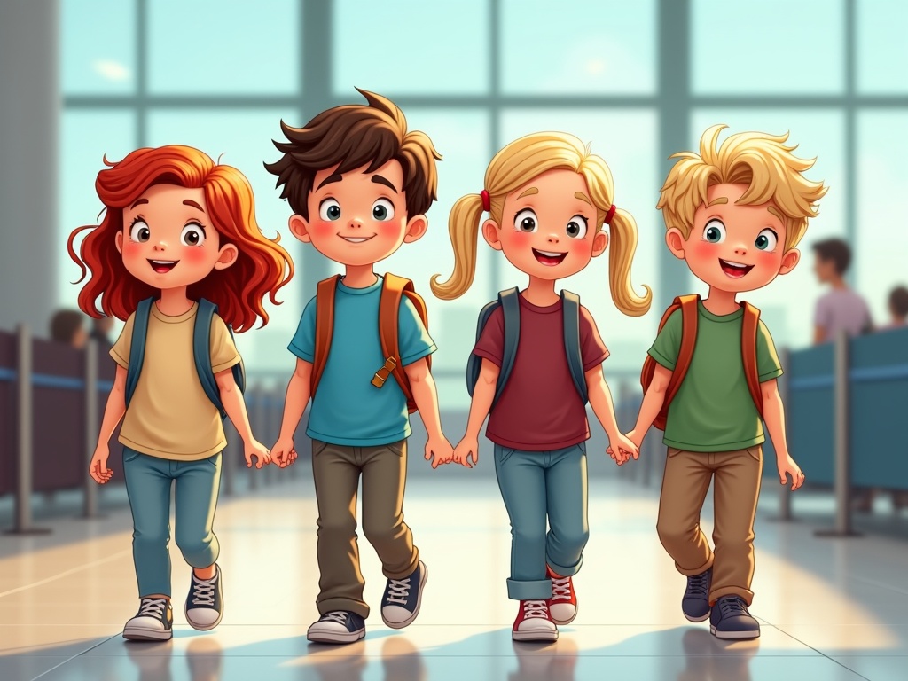 Four animated children walk hand in hand through a brightly lit airport terminal. Each child is wearing colorful casual attire and carrying a backpack. Their expressions are joyful and full of excitement, creating a cheerful and lively atmosphere. The sun shines through large windows, illuminating the corridor and casting soft shadows on the floor.