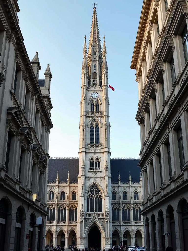 A majestic Gothic-style cathedral with a towering spire, flanked by ornate stone buildings, under a clear sky.