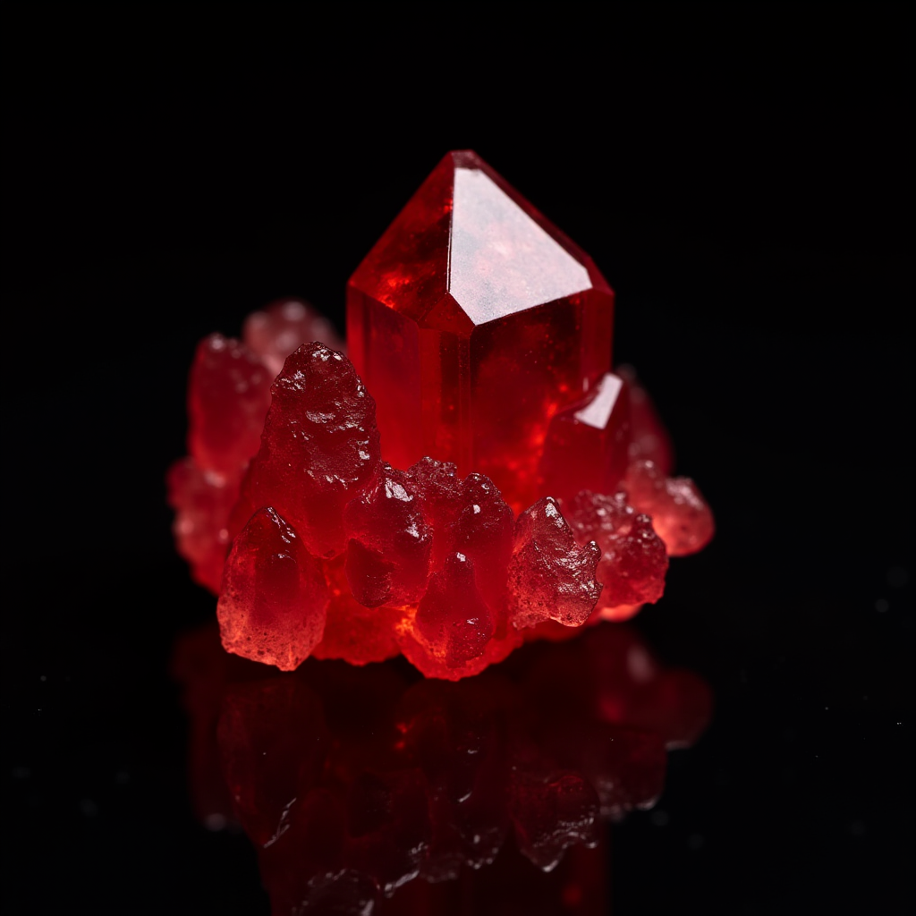 A vibrant red crystal formation on a glossy black surface.