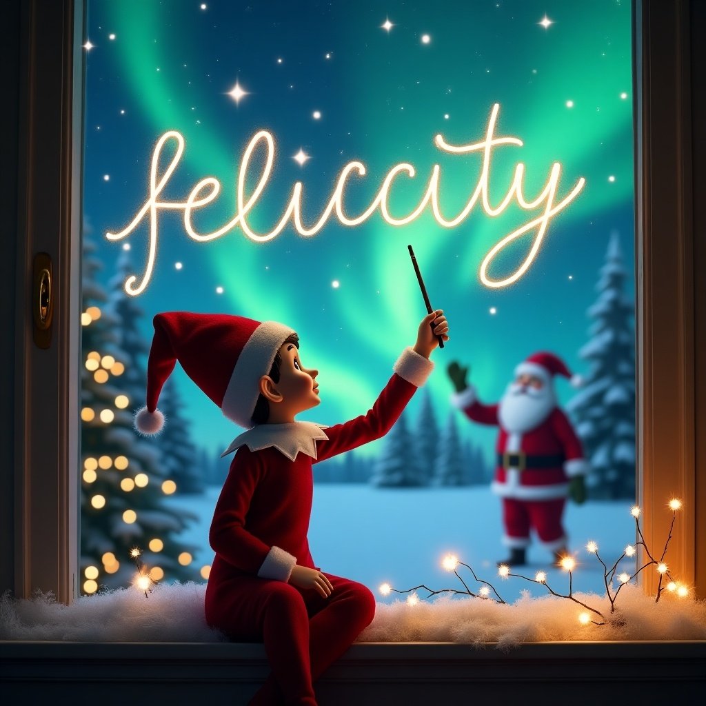 An elf is facing the sky, holding a wand. The elf writes the word 'felicity' in the air. The background features a magical Christmas scene with northern lights and Santa. The elf is wearing a red outfit and a santa hat.