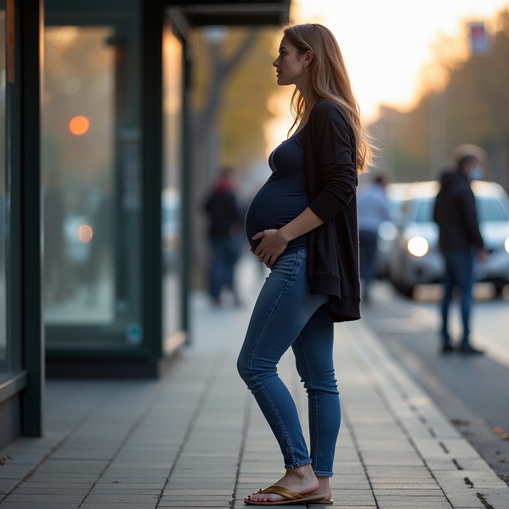 A pregnant woman standing on a city sidewalk, gazing thoughtfully into a shop window. The street is bustling with people and cars, and the setting sun casts a warm, golden light.