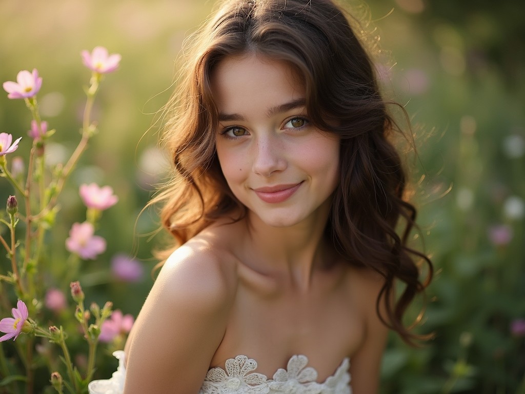 The image portrays a young woman in a lace dress surrounded by a field of wildflowers. The soft focus on the flowers contrasts with the sharp focus on her gentle smile and radiant complexion. Natural, golden hour lighting enhances the peaceful and serene mood, emphasizing the beauty of nature and innocence.